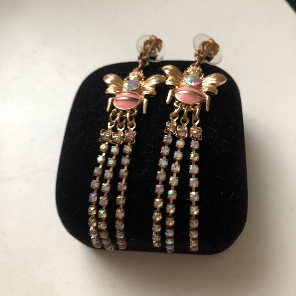Juicy Couture Earrings Pink Bee Gold Tone Dangle  long Rhinestones